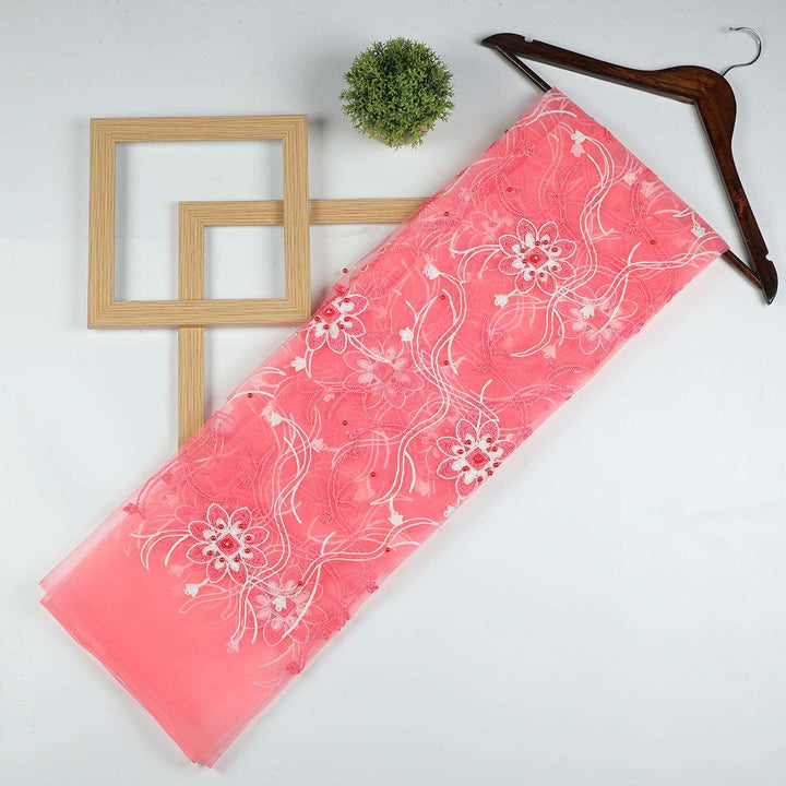 Chain Stitch Embroidery with Beads on Polyester net-URG02BP