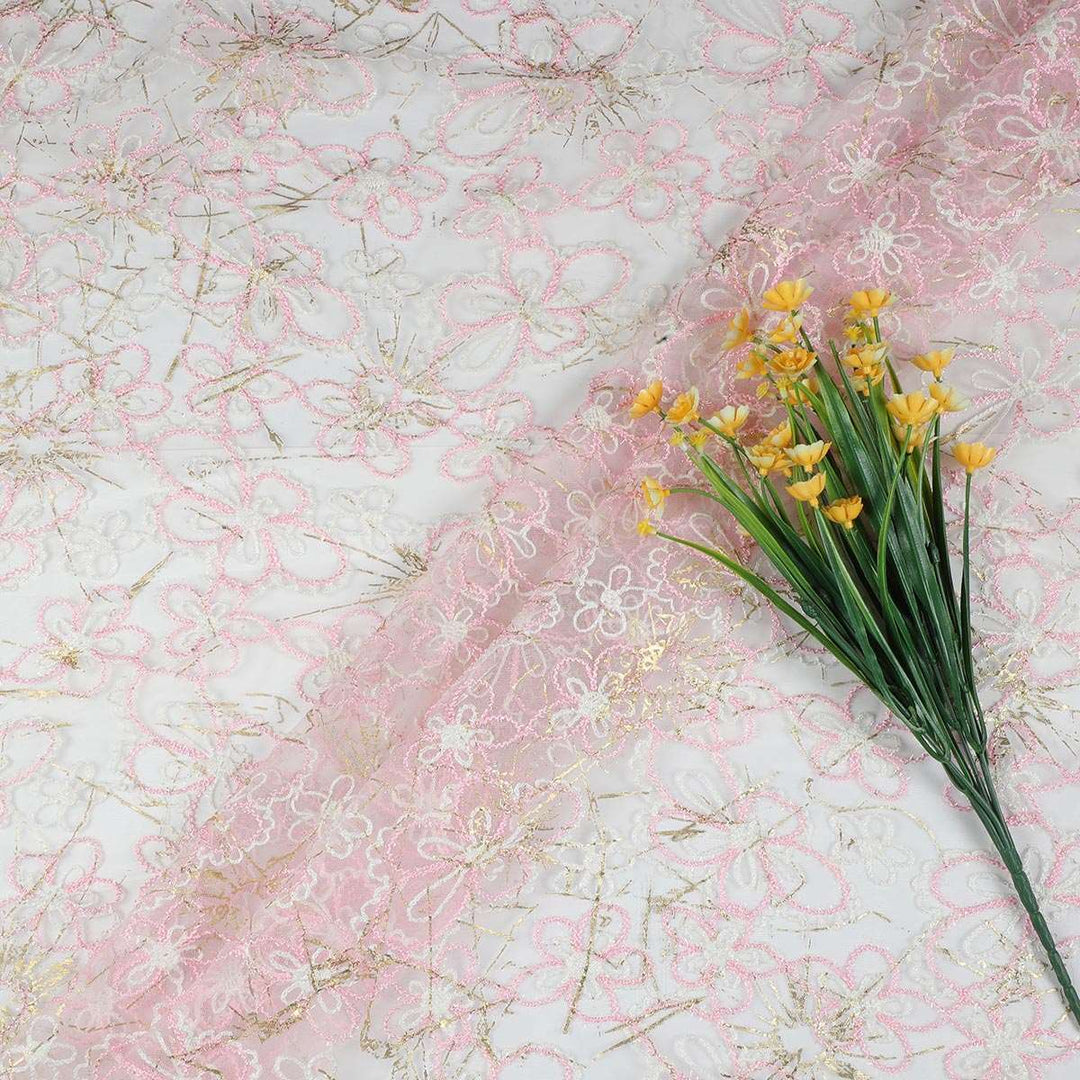 Chain Stich Embroidery with Foil Print on Polyester net-URG01BP