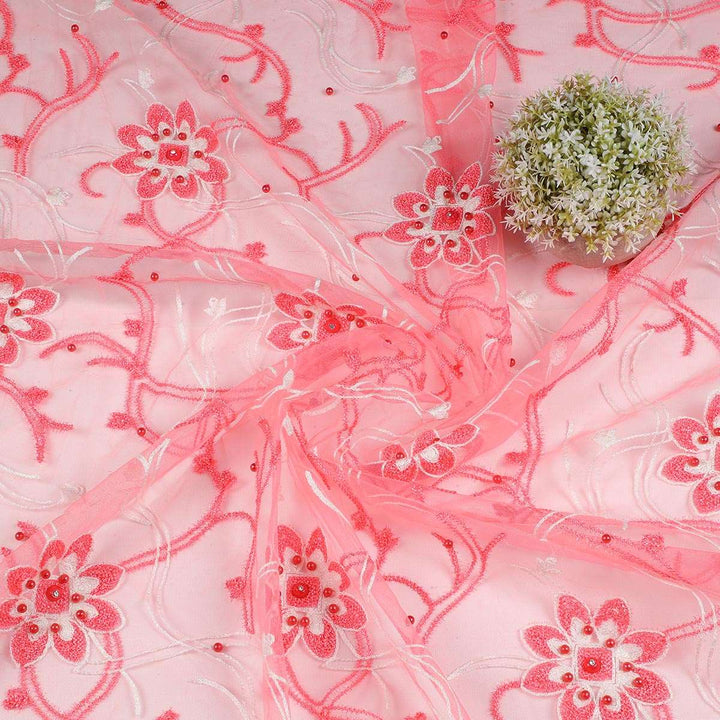 Chain Stitch Embroidery with Beads on Polyester net-URG02BP