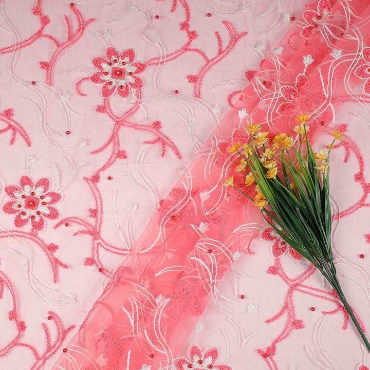 Chain Stitch Embroidery with Beads on Polyester net-URG02BP