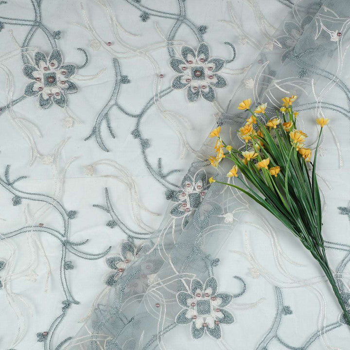 Chain Stitch Embroidery with Beads on Polyester net-URG02BP