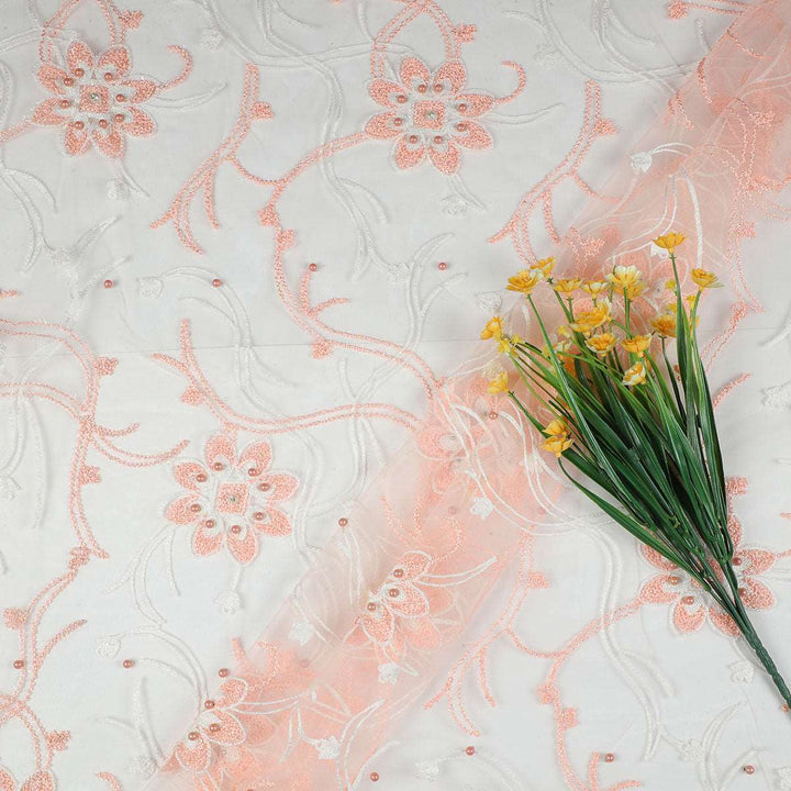 Chain Stitch Embroidery with Beads on Polyester net-URG02BP