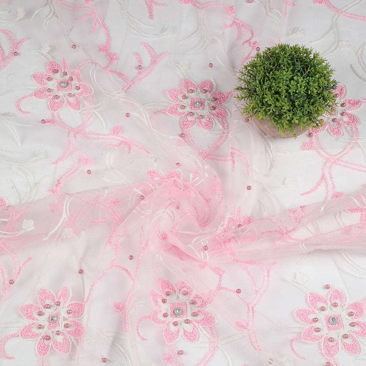 Chain Stitch Embroidery with Beads on Polyester net-URG02BP