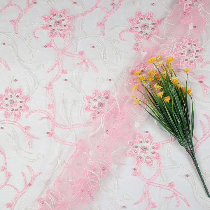 Chain Stitch Embroidery with Beads on Polyester net-URG02BP