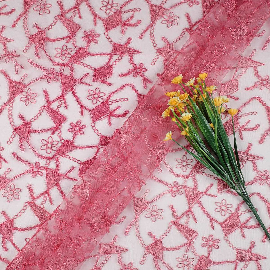 Chain Stich Embroidery with Fur cording on Polyester net-URG08BP