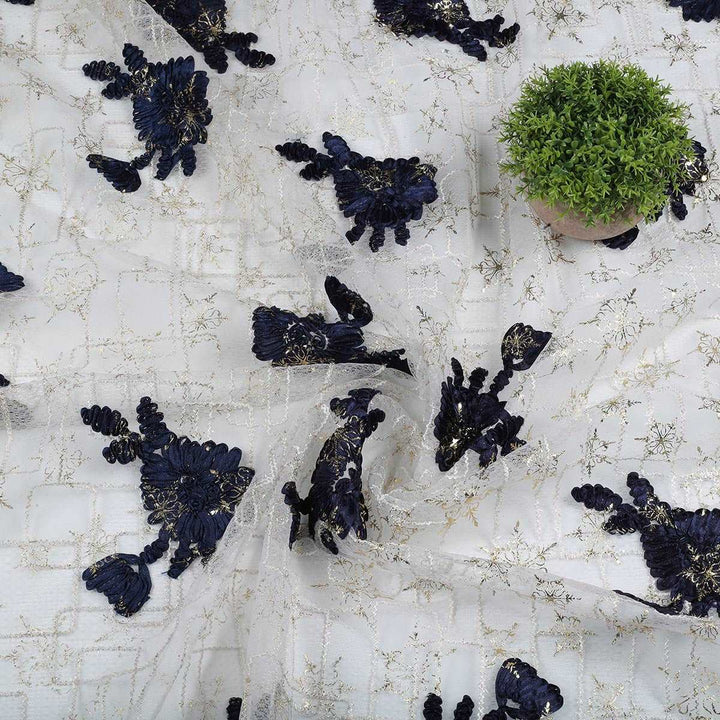 Ribbon embroidery with Cording & Foil print on Polyester Bubble net RR94BP