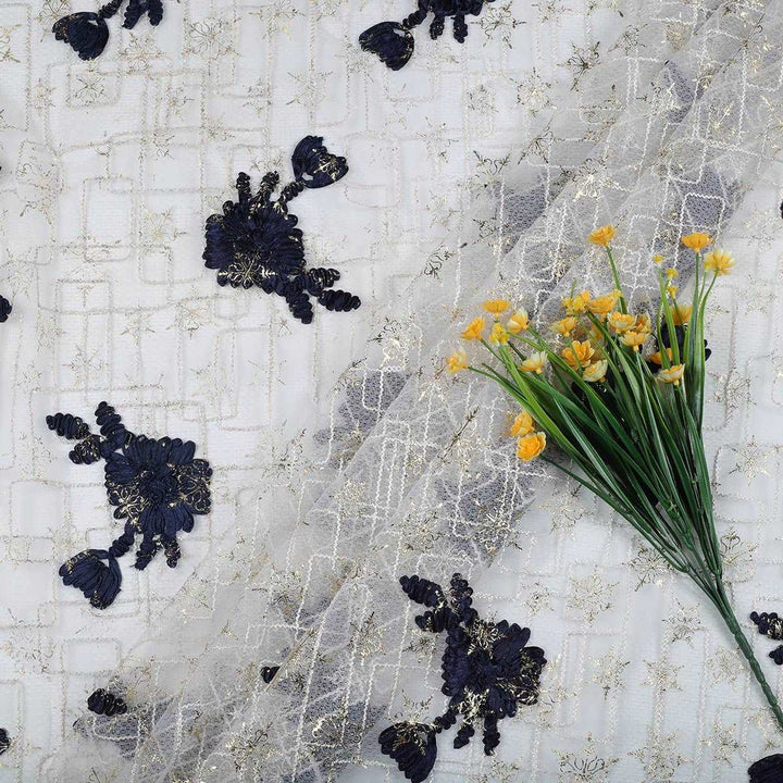 Ribbon embroidery with Cording & Foil print on Polyester Bubble net RR94BP