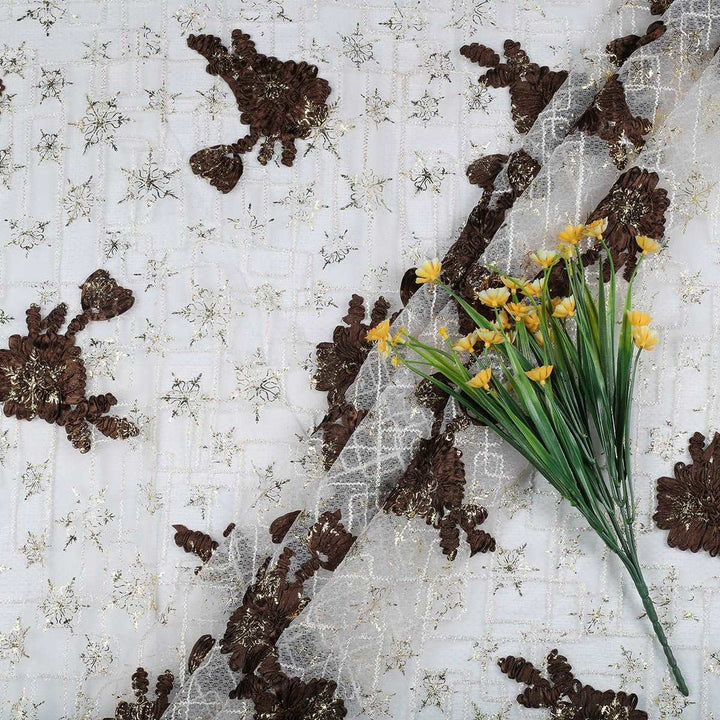 Ribbon embroidery with Cording & Foil print on Polyester Bubble net RR94BP