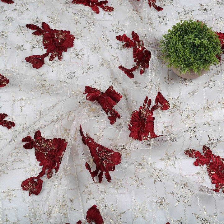 Ribbon embroidery with Cording & Foil print on Polyester Bubble net RR94BP