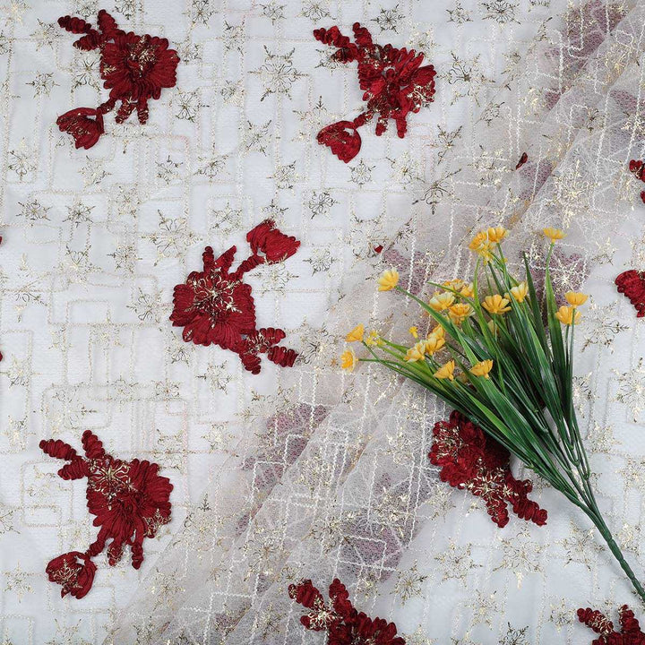 Ribbon embroidery with Cording & Foil print on Polyester Bubble net RR94BP