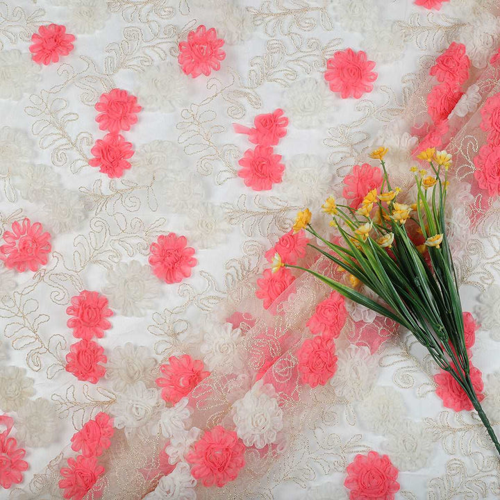 Ribbon embroidery with Cording on Polyester net RR112BP