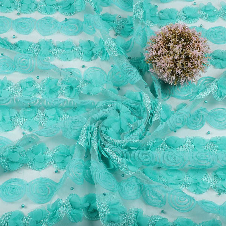 Ribbon embroidery with Applique,Cording & Beads on Polyester net RR115BP