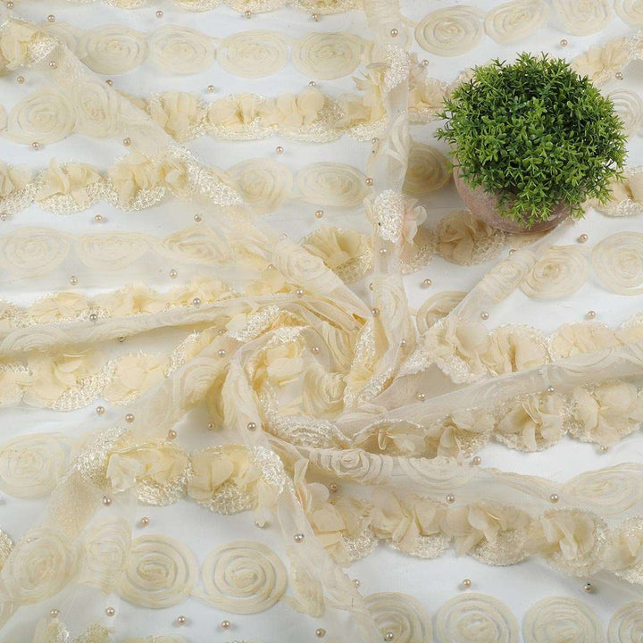 Ribbon embroidery with Applique,Cording & Beads on Polyester net RR115BP