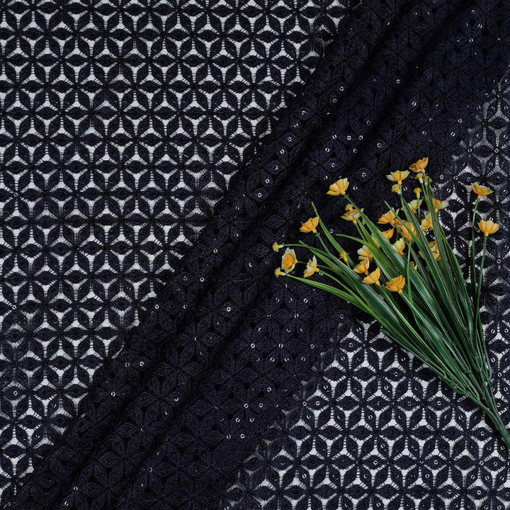 Navy Blue Floral Schiffli Embroidered Fabric