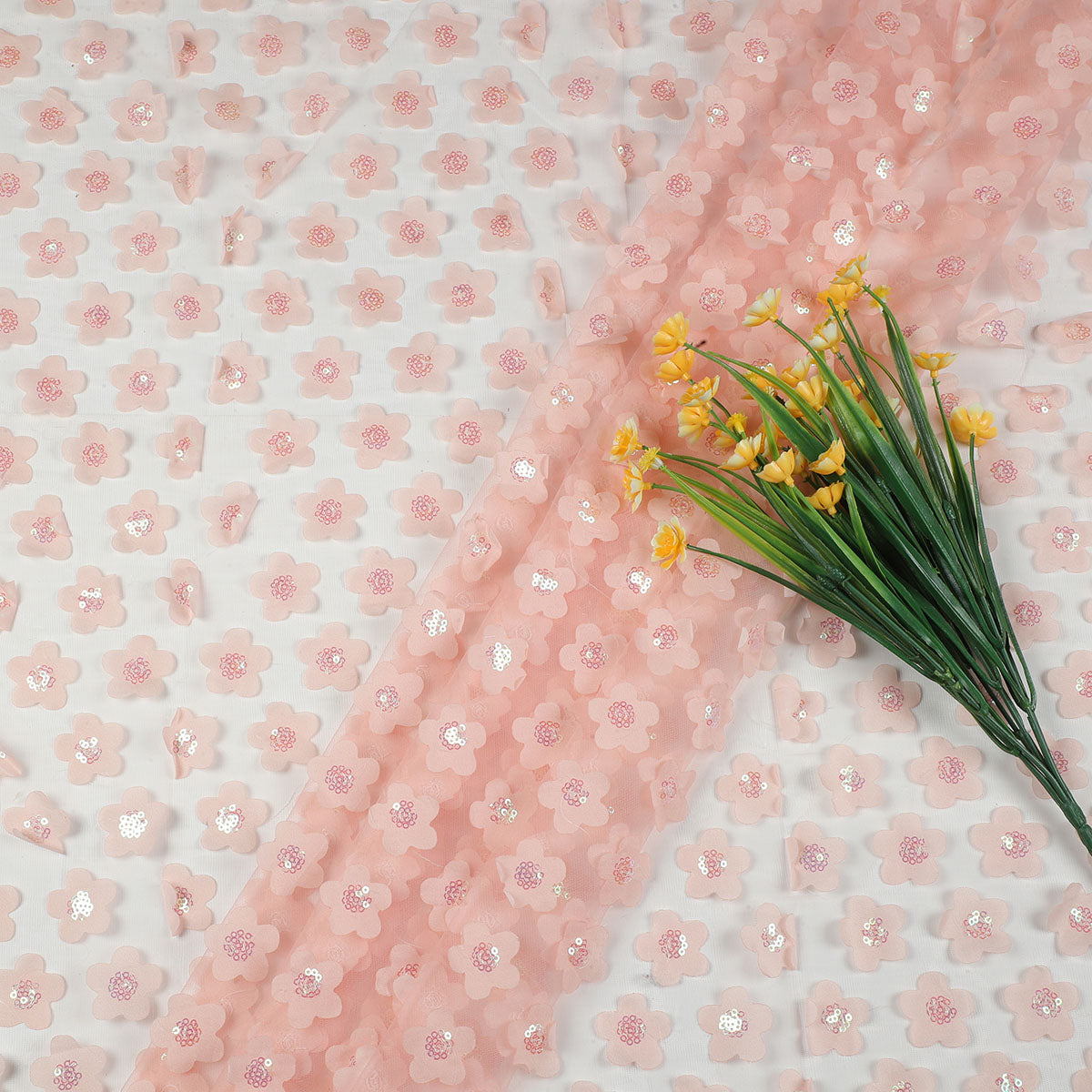 Applique Embroidery Fabric which can be used for garments, boutique, saree, bridal collections.