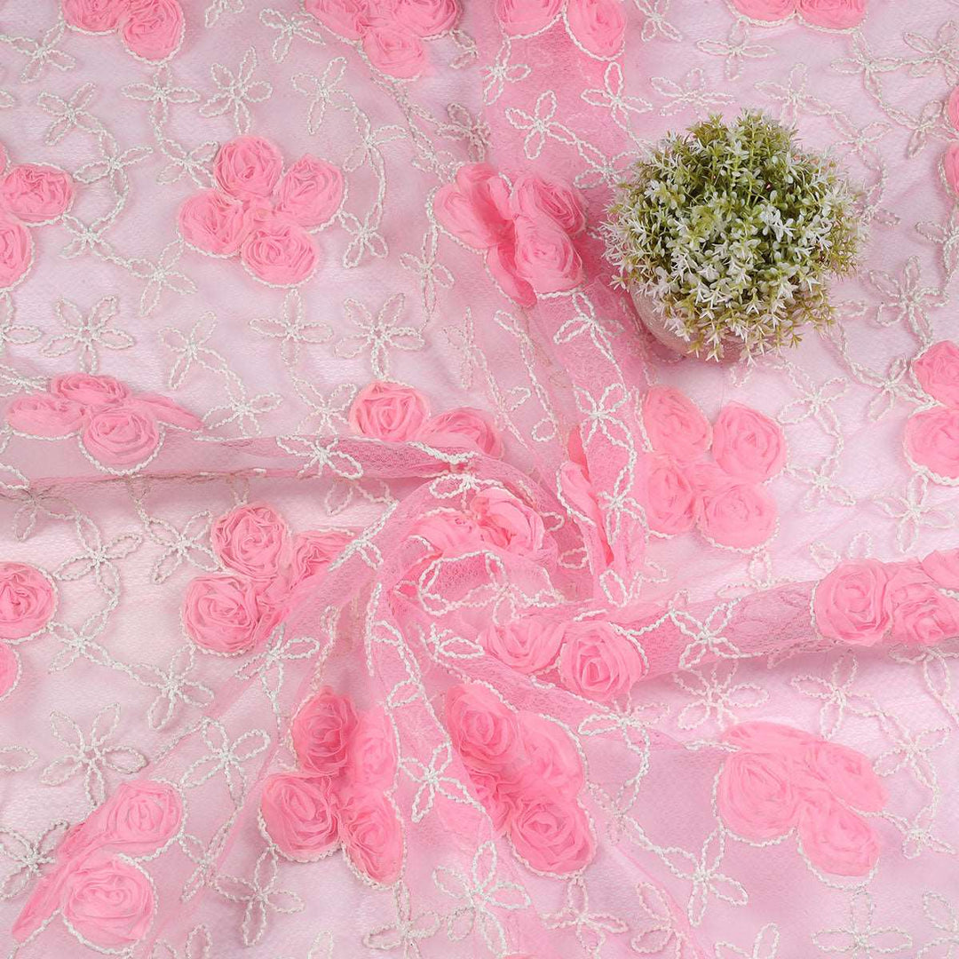 Ribbon embroidery with Cording on Polyester Bubble net RR135BP